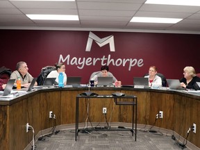 CAO Jennifer Sunderman, Mayor Janet Jabush (centre) and Coun. Anna Greenwood worked in Mayerthorpe council chambers. Sunderman stepped down as CAO (town manager) in November after only a year on the job.
