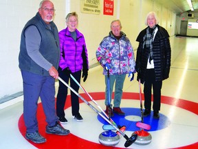 Garry Cleland and his wife, Ruth, introduce Anna Eggert and Monica Wright to the sport of sturling. For Eggert and Wright, who are both in their 80s, this was their first time on curling ice and they were equally excited to learn the sport.