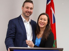 Branden Leslie with his fiancé Cailey at his campaign rally in Portage la Prairie. (supplied photo)