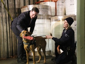 Public Safety Minister Marco Mendicino pets detector dog Bones at the Blue Water Bridge in Point Edward Jan.  17, 2023. Also pictured is Bones' handler with the CBSA Amy Draker.  (Tyler Kula/ The Observer)