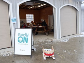 A sled is parked Friday outside the Carriage House at the Children's Animal Farm in Sarnia during Stories on the Farm, a Family Literacy Day event.