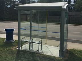 One of the solar-powered bus shelters installed in Edmonton. Others now have lit advertising boards inside.   POSTMEDIA
