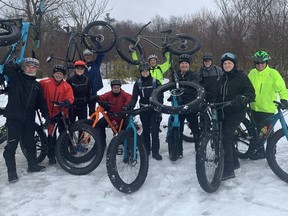 Members of the Turkey Point Mountain Bike Club get ready to hit the trails near St. Williams and participate in the Global Fat Viking Weekend on Sunday.