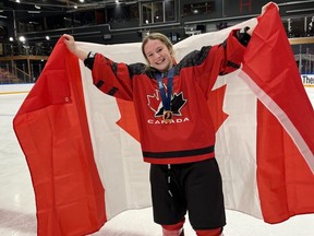 Abby Stonehouse of Blenheim, Ont., celebrates after winning gold with Team Canada at the IIHF under-18 women's world championship in Ostersund, Sweden, on Sunday, Jan. 15, 2023. (Jeff Stonehouse Twitter Photo)