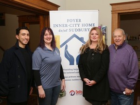 Dawson Reale, left, of Jana Hospitality Consulting, Ro Mullen, administrator of Inner-City Home of Sudbury, Jana Schilkie, owner of Jana Hospitality Consulting and festival organizer, and Joe Drago, board president of Inner-City Home of Sudbury, were on hand to promote a Taste of Sudbury Food and Drink Festival at the Inner-City Home of Sudbury in Sudbury, Ont. on Thursday January 12, 2023. The event is being hosted by the Greater Sudbury Hospitality Association (GSHA) in support of Inner-City Home of Sudbury. The festival is being held at the Caruso Club on Jan. 20. John Lappa/Sudbury Star/Postmedia Network