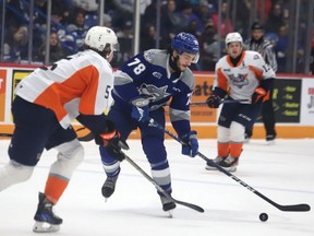 Andre Anania, right, of the Sudbury Wolves, attempts to fire the puck past Blake Smith, of the Flint Firebirds, during OHL action at the Sudbury Community Arena in Sudbury, Ont. on Friday January 13, 2023.