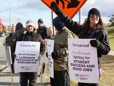 CUPE education workers and supporters picket on the Kingsway in Sudbury, Ont. on Monday November 7, 2022. Striking education sector workers agreed to return to work after the Ontario government on Monday offered to rescind a controversial law that imposed a contract on the workers and outlawed strikes. The legislation was widely criticized for its use of a so-called notwithstanding clause, which allows a provincial government to override some aspects of Canada's Charter of Rights, which guarantees individuals rights and freedoms prescribed by law. The Ontario government's offer to repeal the law was hailed as a victory by workers, which include educational assistants, secretaries and library workers. Union leader Laura Walton said they would be "collapsing" protest sites from Tuesday. John Lappa/Sudbury Star/Postmedia Network