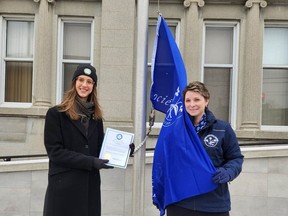 Timmins Mayor Michelle Boileau is joined by Tracy Koskamp-Bergeron, executive director of the Alzheimer's Society of Cochrane-Temiskaming, to raise the flag at city hall for Alzheimer Awareness Month.

Supplied