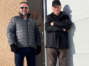 Brian Marks (left), chief executive officer of the Cochrane District Board of Social Services, and Rick Young, president of Timmins Food Bank, stand outside the loading dock at the future Timmins Community Food Services Hub. The new location in the old Daily Press building will provide larger and better loading, storage and service facilities for the thousands of residents they serve. Young, until mid-March 187 Cedar St. He said that they are waiting for S. to become operational. NICOLE STOFFMAN/The Daily Press