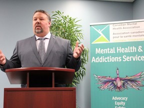Paul Jalbert, executive director of the Canadian Mental Health Association Cochrane-Temiskaming, speaks at an event in Timmins Monday marking the integration of CMHA-CT, South Cochrane Addictions Services in Timmins and the Minto Counselling Centre.

NICOLE STOFFMAN/The Daily Press