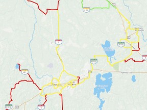 The Ontario Federation of Snowmobile Clubs online map provides up-to-date status OFSC trails across the province. Green lines indicate trails are that are fully open; yellow indicates trails that are open in limited capacity, while red indicates the trails that are closed.

Screenshot