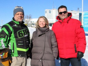 Incoming leader of the Ontario NDP, Marit Stiles, centre, with Gilles Bisson, former Timmins MPP, left and Guy Bourgouin, MPP for Mushkegowuk-James Bay, pose in front of TADH on Saturday. Stiles was in Timmins to draw attention to her party's opposition to the Doug Ford government's plan to increase public funding to for-profit and not-for-profit clinics. She argued the plan would siphon off staff from public health care, and called for better pay for public health care workers across the province.

NICOLE STOFFMAN/The Daily Press