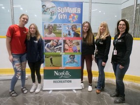 Norfolk County operations and recreation staff held a Student Job Fair Saturday at the Simcoe Recreation Centre. Staff met students interested in available summer positions. From left are Alaina DeBock-Hubbard, Destiny Mayo, Emily Haines, Lisa DeSerrano - Supervisor of Aquatics, and Susie Wray - Supervisor of Community Programs. CHRIS ABBOTT
