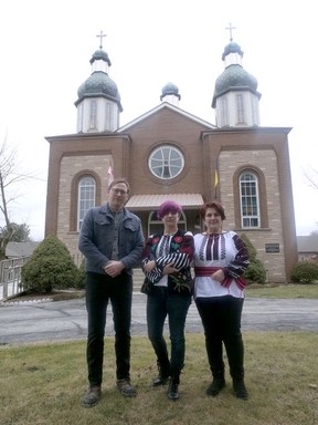 Sacred Heart Ukrainian Catholic Church celebrated a Christmas Day service (Julian Calendar) in Waterford Saturday, Jan.  7. From left are Jon Kloepfer, Olha Diletchuk and Luidmyla Borys.  CHRIS ABBOTT