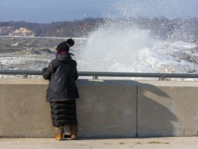 Port Stanley resident Rita Veel watch waves hit the ice-encrusted shore at the town's beach. Derek Ruttan/Postmedia