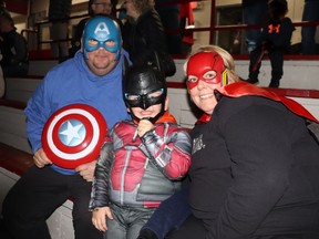 The Duffy family (l-r) David as Captain America, Liam as Batman and Trisha as the Flash, were ready for Superhero Night, on Saturday at the Scott Safety Centre.