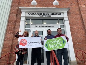 Cooper Standard has become the first Stratford-area business in 2023 to be certified as a living wage employer. Celebrating is Elizabeth Cooper of United Way Perth-Huron (left) with Cooper Standard superintendent Mike Farrish, Plant Three manager Carey Brett and human resources specialist Jason Murray. (Contributed photo)