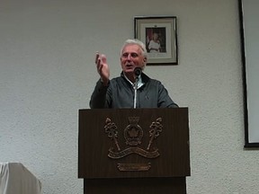 Paul Henderson, former professional hockey player and founder of LeaderImpact, shared stories of his past during a forum held at the Kincardine legion on Feb. 2. Kincardine News.