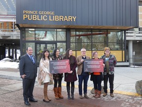 Land acknowledgment plaques will be displayed at both library branches. From left to right: LTFN councillor Joshua Seymour, LTFN chief Dolleen Logan, LTFN councillor Crystal Gibbs, PGPL chair Anna Duff, PGPL director Paul Burry, PGPL communications manager Jen Rubadeau, LTFN youth program lead John West.