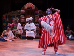 Anthony Santiago (foreground) as Elesin with Ijeoma Emesowum (left) as Ariyike, Celia Aloma as Olabisi, Akosua Amo-Adem as Iyaloja, and Espoir Segbeaya as Wuraola in Death and the King’s Horseman. Stratford Festival 2022. (Photo by David Hou)