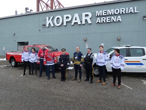 Members of the Prince George RCMP, Fire and Rescue, and Spruce Kings gathered outside Kopar Memorial Arena Monday to announce the Sirens Cup. Members also sported their jerseys for the game.