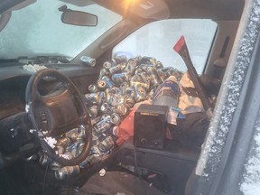 A picture from Grey Bruce OPP of beer cans piled in a vehicle that was stopped in a RIDE check in Georgian Bluffs on Friday afternoon.