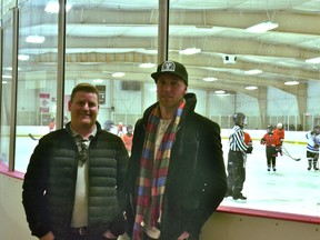 As a way to both introduce their new recreation-marketing business, Drop-in, to the community and bring in donations of non-perishable food items to Stratford House of Blessing, Tyler MacIntosh and Peter Amo are hosting a free skate at the Dufferin Arena from 1-3 p.m. Feb. 20, the Monday of Family Day Weekend. Galen Simmons/The Beacon Herald/Postmedia Network