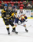 Robbie Rutledge #9 of the Trenton Golden Hawks and Nolan Mozer  #4 of the Wellington Dukes follows the play during the first period at Lehigh Arena Friday night. The Dukes clinched the Hasty P’s Cup with a 6-3 win. ED MCPHERSON