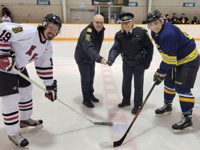 The South Bruce OPP took on the Kincardine fire department in a long-standing friendly hockey rivalry, known as the Guns versus Hoses game, on Feb. 5. OPP photo.