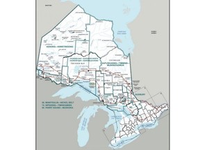 Peta Ontario dengan distrik pemilihan federal.