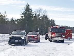 Emergency vehicles from Timmins Police Service and Timmins Fire Department are gathered north of Laforest Road off Highway 655 to coordinate their efforts in the search for a small plane, reported down Thursday morning. 

RON GRECH/THE DAILY PRESS