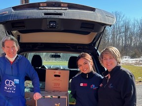 From left, Bev Heuving, Jim Mallabar from CDC Quinte
Abi Abd and Lori LaMorre-Slater from Loyalist College volunteered this week as part of National Random Acts of Kindness Day on Thursday to deliver bags of fresh fruit to more than 175 Belleville residents who receive Meals on Wheels.