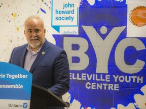 Bay of Quinte MPP Todd Smith speaks at the Belleville Youth Centre on Friday to announce more than $270,000 in funding towards the John Howard Society of Belleville. ALEX FILIPE