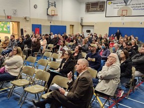 A large group of parents was on hand Wednesday night at École élémentaire catholique Sainte-Catherine in Pain Court, where they heard further details about a proposal to move Grade 7 and 8 students in the French Catholic system to École secondaire de Pain Court starting in 2024. (Trevor Terfloth/The Daily News)