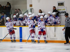 Spruce Kings getting high-fives from their bench