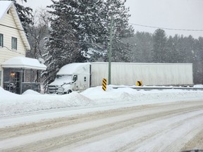 A commercial motor vehicle (CMV) travelling eastbound on McConnell Street in Mattawa lost control and came to rest right next to a residence after failing to negotiate a sharp corner.