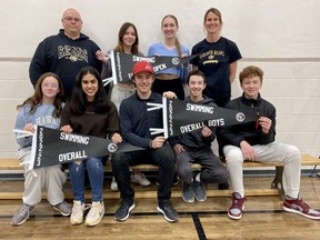 Stratford District secondary school dominated the Huron-Perth swimming championships and will send multiple athletes to provincials after a strong showing at WOSSAA. Back row, from left: Andrew Wybrow, Tess Weyers, Jadyn Coombs and Kerry Thompson. Front row, from left: Mya Parish, Yasmin Narayan, Hunter Gilbert, Josh Heaton, Max Campbell. Missing: Silas Campbell.