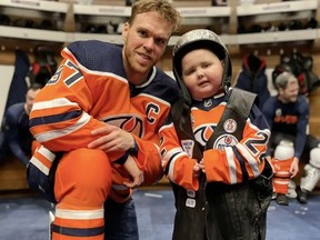 Oilers captain Connor McDavid and Ben Stelter. The Kids World's Longest Hockey Game in support of the Ben Stelter Fund and the Stollery Children's Hospital will be hosted at Saiker's Acres just outside of Sherwood Park on Friday, March 3 to Sunday, March 5. Photo courtesy Twitter/@m_dan25