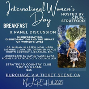 Sebuah poster untuk acara Canadian Federation of University Women – Stratford's International Women's Day 8 Maret di Stratford Country Club.  (Gambar dikirim)