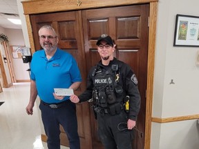 A $500 donation to Saugeen Shores Police  Service from the St. Lawrence Masonic Lodge in Southampton  will be used to purchase equipment for the K9 program, including new search and rescue or tracking harness. The K9 unit includes a specialized officer who works with a service dog named Riker to perform various tasks. - Saugeen Shores Police Service