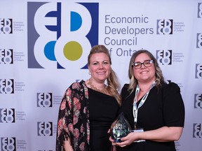 Amy Irwin, business and economic officer for the Township of Huron-Kinloss, and Michelle Goetz, manager of strategic initiatives, accepted the Economic Developers Council of Ontario’s Rural Excellence Award on behalf of the Township’s economic development team during a ceremony held Feb. 9. Photo by Dan Banko, Banko Creative Studio.