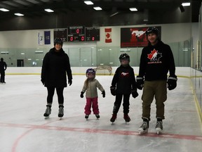 Lacey Shupac, left, Lincoln, Broc and dad Bryce skated side by side during Free Family Skating, held at the Mayerthorpe Exhibition Centre this afternoon for Family Day. The Kinette Club of Mayerthorpe sponsored the event.