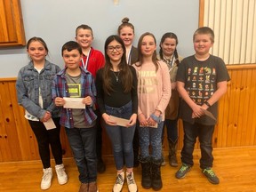 Junior level competitors, back row from from left, Ava Moran, first place winner Mason Van Meeteren, second place winner Ruby Andrew, third place winner Sofia VanMeeteren, and Lyndon Gillespie. Front row from left, Camden Andrew, Kiera Porter, and Claire Vanderlip. Photo courtesy of RCL Branch 309 Lucknow