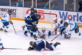 Team Alberta North's female hockey team during the gold medal match against Northwest Territories at Centerfire Place during the Arctic Winter Games on February 3, 2023. Image supplied by the Arctic Winter Games