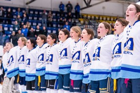 Team Alberta North's female hockey team after winning gold at Centerfire Place during the Arctic Winter Games on February 3, 2023. Image supplied by the Arctic Winter Games