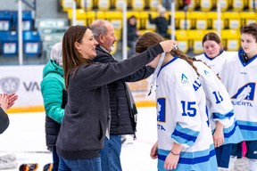 Members of Team Alberta North's female hockey team get their gold medals after defeating Northwest Territories at Centerfire Place during the Arctic Winter Games on February 3, 2023. Image supplied by the Arctic Winter Games