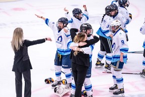 Team Alberta North's female hockey team celebrate after winning gold at Centerfire Place during the Arctic Winter Games on February 3, 2023. Image supplied by the Arctic Winter Games