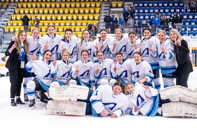 Team Alberta North's female hockey team pose for a photo after winning gold at Centerfire Place during the Arctic Winter Games on February 3, 2023. Image supplied by the Arctic Winter Games
