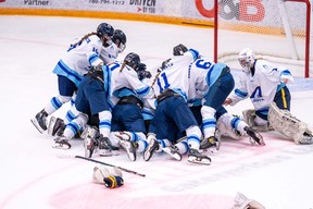 Team Alberta North's female hockey team celebrate after winning gold at Centerfire Place during the Arctic Winter Games on February 3, 2023. Image supplied by the Arctic Winter Games
