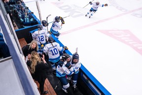 Team Alberta North's female hockey team during the gold medal match against Northwest Territories at Centerfire Place during the Arctic Winter Games on February 3, 2023. Image supplied by the Arctic Winter Games